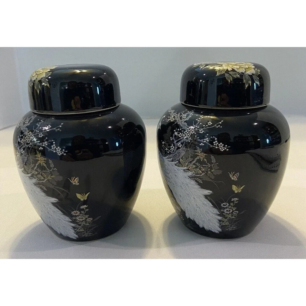 SHIBATA, 2 Hand Painted Peacock Black Ceramic Ginger Jars
